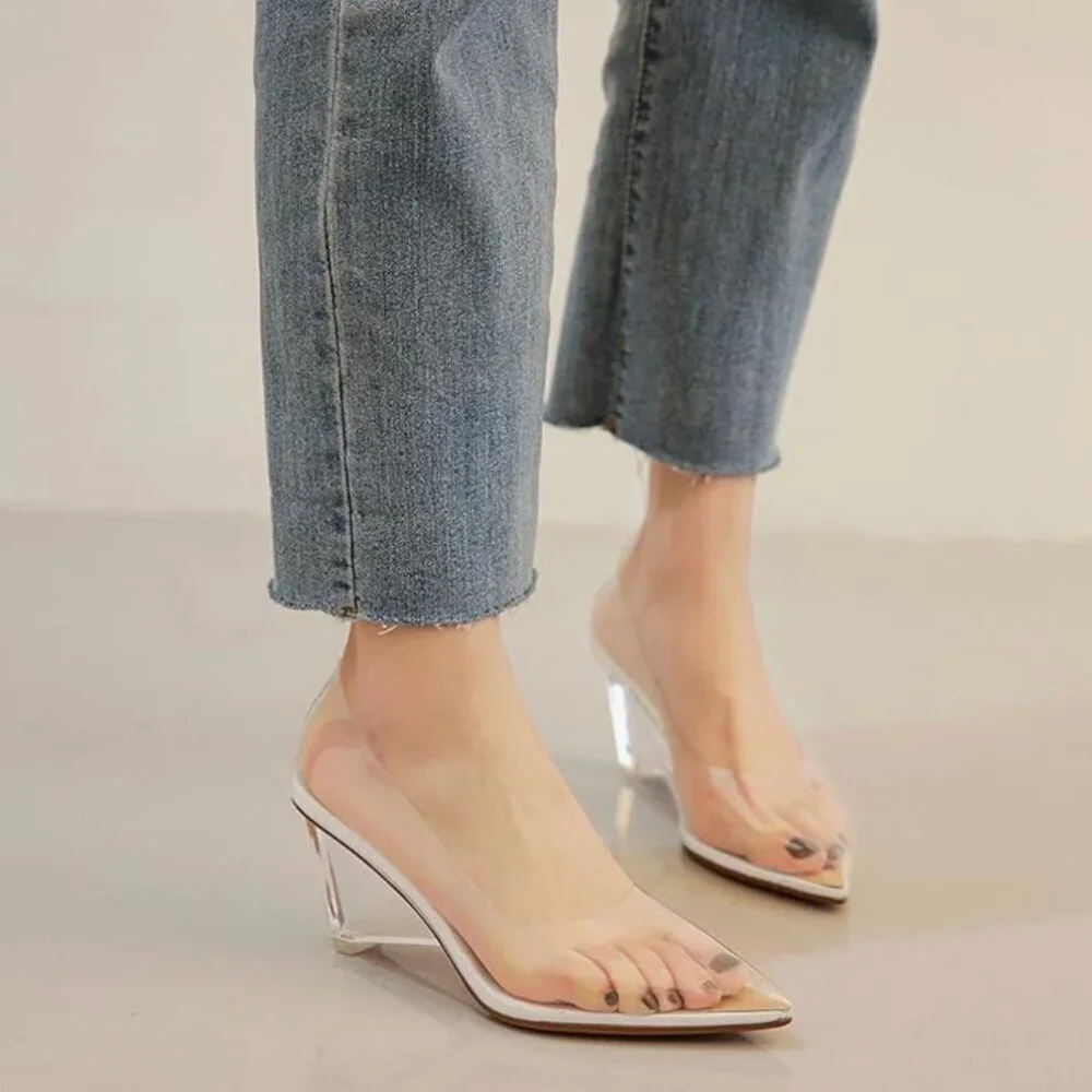NWOB Clear Wedge Heel Pumps with Rhinestones Pointed Toe Transparent Wedge Heel